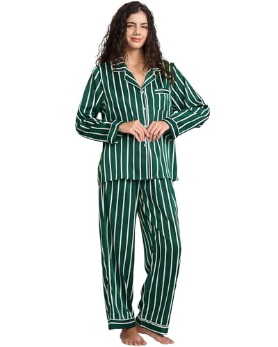 Image of YiNi LuLu Womens Silk Satin Pajamas Set Button Down 2 Piece Pjs Long Sleeve Oversized Sleepwear with Pockets