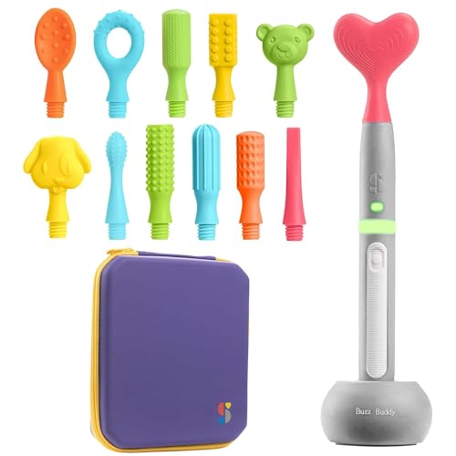 Image of Special Supplies Rechargeable Buzz Buddy Oral Motor Stimulation kit with 12 Soft Textured Interchangeable Heads, Calm Sensory Needs, Support Speech, and Stimulate Self Feeding (Grey)