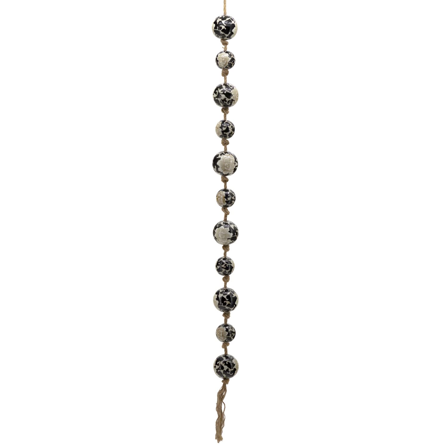 Hanging Decorative Ceramic Porcelain Sailor Balls on a Rope Tsugo Collection (White Flower on Black)