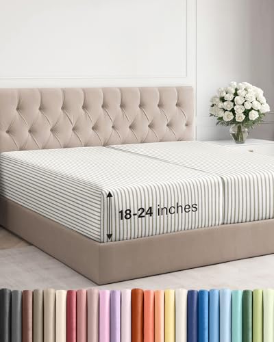 Image of Extra Deep Split King Fitted Sheet - Single Fitted Sheet - Beige Stripes | Easily Fits 18 inch to 24 inch Mattress, Soft, Wrinkle Free, Breathable & Comfy, Extra Deep Pockets Hotel Luxury Fitted Sheet