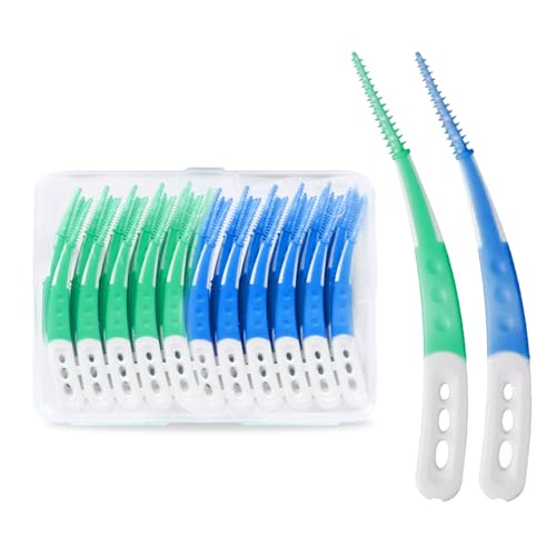 SAIIURV 84 Piezas Cepillos Interdentales Reutilizable, Forma Curvada Palillo de Dientes Silicona Cepillo Dientes Interdental Hilo Dental con Caja, Herramienta de Limpieza de Dientes (2 Colores)