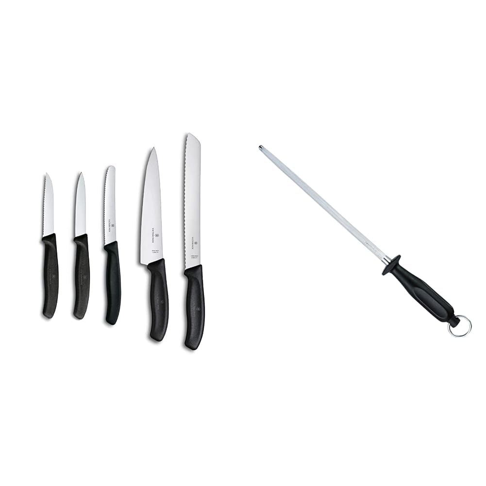 Victorinox Swiss Classic Kitchen Set, 5 Pieces, Black & Sharpening Steel 25cm Black/Silver