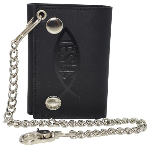 MARSHAL RFID Blocking Jesus Fish Men's Trifold Ichthys Biker Genuine Leather Steel Chain Wallet Snap closure (Jesus Fish Blind)3