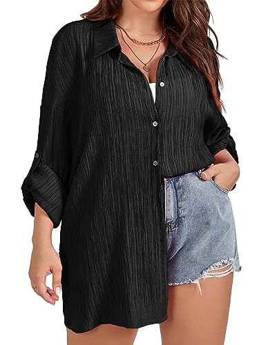 SCOMCHIC Women Plus Size Button Down Shirts Long Roll Up Sleeve V Neck Collared Casual Blouses Oversized Shirt Tops