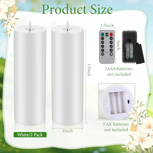 Image of Retisee 2 Pcs 4 x 12 Inch Extra Large LED Flameless Candles Battery Operated Pillar Flickering Candles with Remote and Timer for Home Patio Porch Indoor Outdoor Lanterns, Battery Not Included
