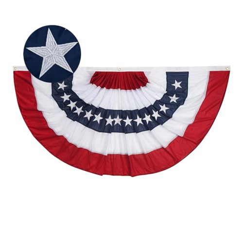 A-ZCOVER American Pleated Fan Flag 1.5x3 Ft Made in USA - with Embroidered Stars and 3 Brass Grommets - 4th of July Half Bunting Flags Outdoor Patriotic Decorations