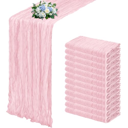 RealBox 12 Pack Light Pink Cheesecloth Table Runner 17x108 Inch Semi Sheer Boho Gauze Cheese Cloth Fabric Table Runners, for Wedding Party Baby Shower Birthday Home Decor Garden Farmhouse by RealBox - Used condition - US$22.79