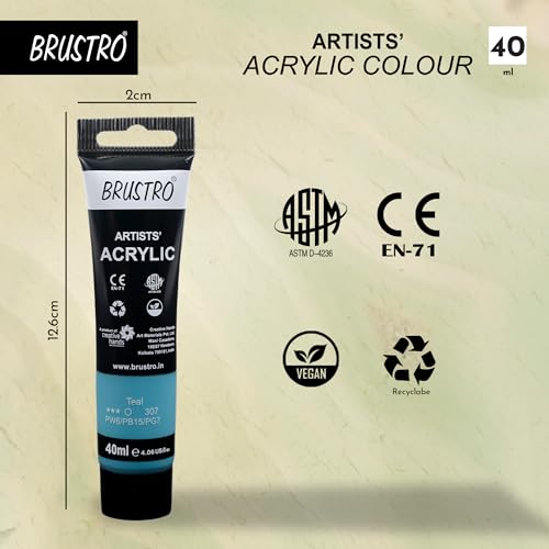 Image of BRUSTRO Artists Acrylic Paint Tube | 40ml, Teal (Pack of 2) | Pastel Tone|Non-Toxic,Water Based,Inter Mixable,Ideal for Painting,Textured Effects on Canvas,Paper,Fine Art Student and Professionals