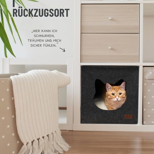 ReaVET Miezen-Koje Katzenhaus - Katzenhöhle aus Filz mit Katzenkissen I Extra Weich & Flauschig I Katzenbett passend für Regal 33x33x33cm, Katzenschlafplatz mit Komfortkissen