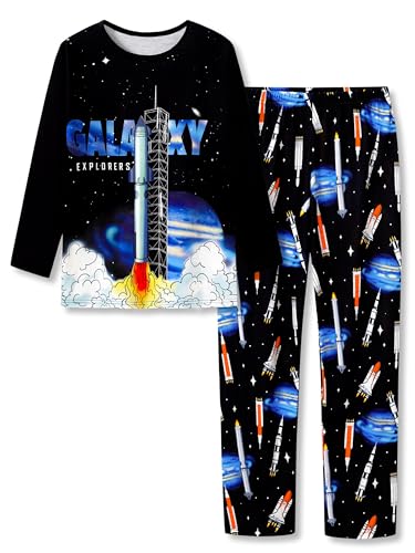 Image of Tebbis Boys Comfy Trendy Print Long Sleeve & Pants Pajama Set Sizes 6-18 | Lightweight Breathable Fabric, 2-Piece PJs, Trendy Printed Jammies for Little & Big Boys, Ideal for Lounging and Sleeping
