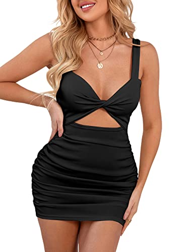 Lyaner Women's Cut Out Twist Knot Front Ruched Bodycon Tank Sleeveless Mini Dress Black# Small #TOP3