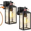 Motion Sensor Porch Lights with Outlets, Black Dusk to Dawn Outdoor Lighting, 3 Lighting Modes Exterior Light Fixtures with Water Rippled Glass, Waterproof Outside Wall Lanterns for House, 2-Pack
