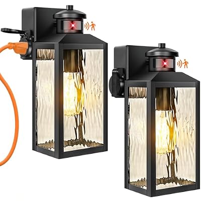 Motion Sensor Porch Lights with Outlets, Black Dusk to Dawn Outdoor Lighting, 3 Lighting Modes Exterior Light Fixtures with Water Rippled Glass, Waterproof Outside Wall Lanterns for House, 2-Pack