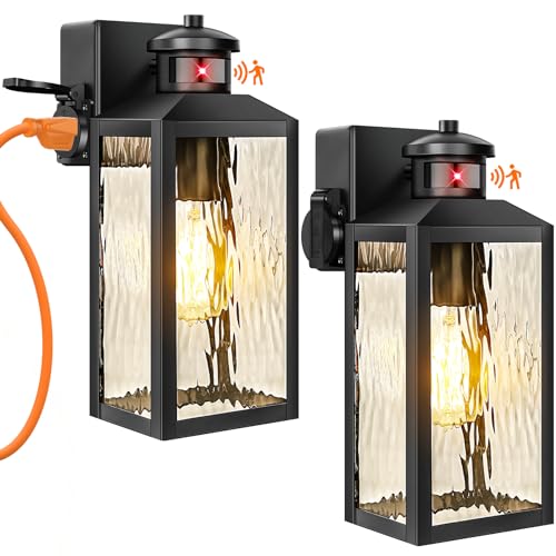 Motion Sensor Porch Lights with Outlets, Black Dusk to Dawn Outdoor Lighting, 3 Lighting Modes Exterior Light Fixtures with Water Rippled Glass, Waterproof Outside Wall Lanterns for House, 2-Pack