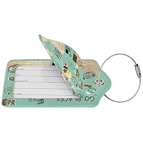 2 Pack Explore The World Stamps Pu Leather Luggage Tag, Name Id Card Baggage Tags With Privacy Cover Stainless Steel For Women Men Kids Girls Travel (Green, 2 Pcs) #TOP3