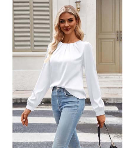Bluetime Women's Silk Dressy Casual Business Blouse Pleated Long Sleeve Shirts Satin Office Work Tops Fall Outfits3