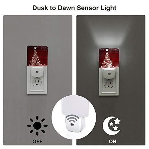 Image of Winter Snowflake Pine Red Christmas Tree Wood Night Light Set of 2, Christmas Auto Sensor LED Dusk-to-Dawn Nightlights, Plug-in Sensor Lamp for Bedroom Bathroom Kitchen Hallway Stairs Decorative