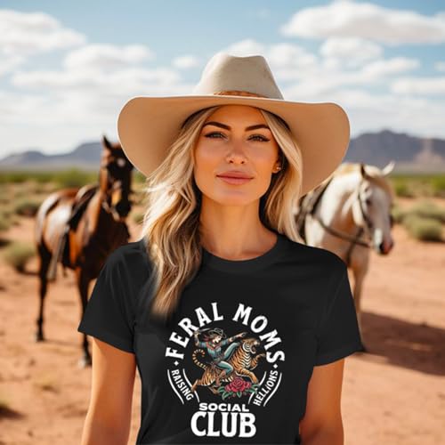 Image of Mama Shirts for Women Cool Feral Moms Social Club T-Shirt Vintage Western Graphic Shirt Funny Mothers Day Tee Tops