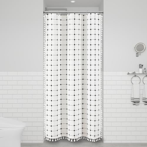 Image of BTTN Boho Shower Stall Curtain - 36x72 Narrow Linen Ultra Thick Tassel Fabric Cloth Shower Curtain Set with 6 Plastic Hooks, Half Modern Farmhouse Country Shower Curtains for Bathroom, White and Black