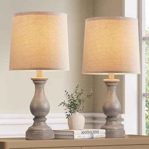 Seealle Farmhouse Table Lamps Set of 2 - Rustic Lamp for Bedroom Living Room, 22" Boho Bedside Lamps for Night Stands End Table Office Desk Lamp Nightstand with Linen Shades(Wood Painted)