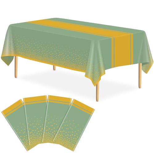 Image of 4 Pack Sage Green and Gold Tablecloth Party Decorations Plastic Sage Green Tablecloth Printed Gold Table Runner 54 x108 Inch Disposable Rectangle Table Cover for Birthday Wedding Graduation