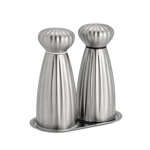Robert Welch Palm Satin Medium Salt & Pepper Mill Set with Tray. Made from Stainless Steel. 25-Year Guarantee.