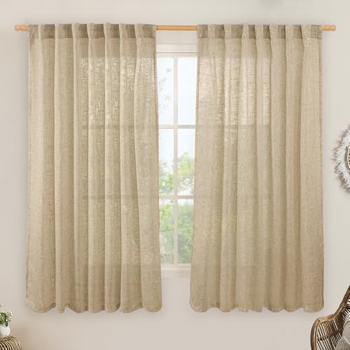 LAMIT Linen Curtains 63 Inch for Bedroom, Light Filtering Neutral Semi Sheer Window Curtains Back Tab and Rod Pocket Panels, 2 Panels, Brown, 60 x 63 Inch