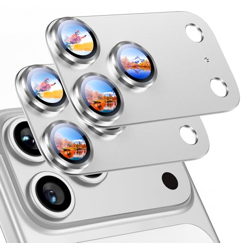 Image of Uyiton Compatible with iPhone 17 Pro Camera Lens Protector - [Not Easy to Break][Strong Adsorption][Case-Friendly] Metal Tempered Glass Rear Camera Screen Cover - Silver, 2 Packs