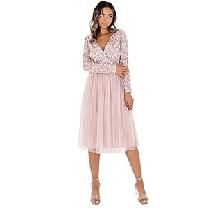Maya Deluxe Damen Maya Deluxe Midi Elegant Wedding Sleeves Deep V Neck Sequins Cocktail Prom Bridesmaid Dress, Frosted Pink, 38 EU