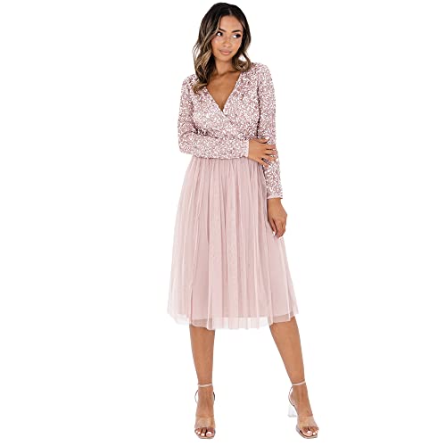 Maya Deluxe Damen Maya Deluxe Midi Elegant Wedding Sleeves Deep V Neck Sequins Cocktail Prom Bridesmaid Dress, Frosted Pink, 38 EU