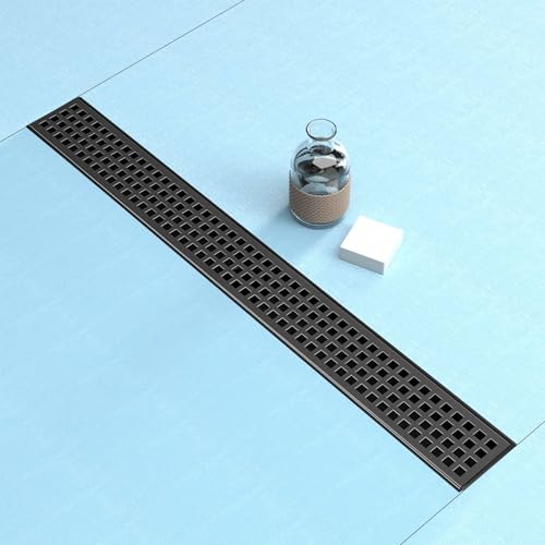 Fibetter 24 Inch Black Linear Shower Drain, Rectangular Shower Floor Drains with Square Hole Cover, 304 Stainless Steel Linear Drain with Leveling Feet, Hair Strainer (Matte Black)