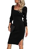 Damen Herbst Winter Pullover Kleid Langarm Square Neck Bodycon Midi Kleid Rippstrick Kleid. Das Pullover Kleid Langarm quadratischer Ausschnitt Bodycon Midi Kleid geripptes Strickkleid, gibt Ihnen einen einfachen und eleganten Look.