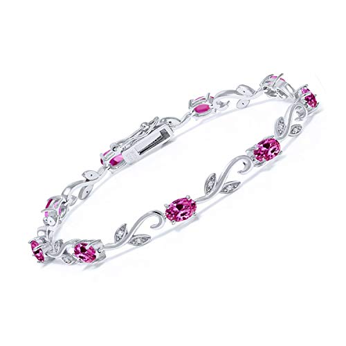 Gem Stone King 925 Sterling Silver 4.63 Ct Oval Pink Created Sapphire Greek Vine 7 Inch Diamond Tennis Bracelet