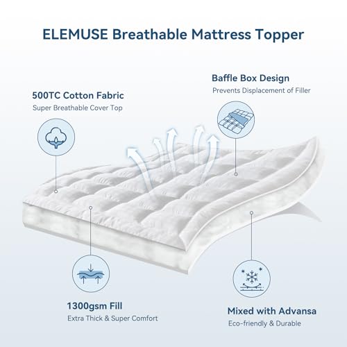 ELEMUSE King Cooling Mattress Topper, Extra Thick 1300gsm Mattress Pad for Back Pain Relief, Plush 500TC Cotton Pillow Top with Deep Pocket, Overfilled with Mixed Advansa Down Alternative Filling