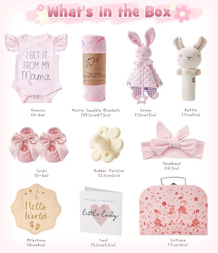 Image of Golray Baby Shower Gifts for Girls, Baby Girl Gifts Baskets with Rattle, Blanket /Bodysuit Set, New Born Essential Stuff, Gender Reveal Ideas Infant New Born Baby Girls Gift Basket