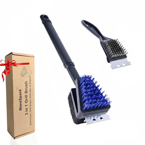 Nylon Bristle Grill Brush for BBQ - Heavy Duty Grill Cleaning Kit with Scraper, Safe for All Grill Types - Non-Scratch Bristles & Long Plastic Handle - Outdoor Barbecue Brushes 2-Piece Set