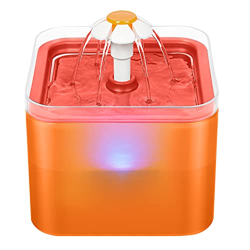 ERWEY Fontaine à Eau pour Chat/Chien 2L, Distributeur Eau Silencieux avec Un Filtre à Charbon Actif, Conception Translucide avec Lumière LED (Orange) Cover
