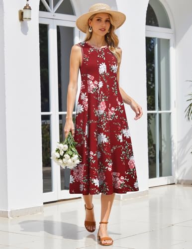 Image of HOTOUCH Summer Casual Dresses for Women Sleeveless Midi Dress Swing Tank Sundress Pleated Tshirt Dress with Pockets