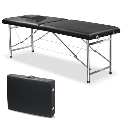 SKY-TOUCH Portable Massage Bed : Foldable Massage Tables with Pillow SPA Bed with Stainless Steel Frame 2 Fold Black for SPA Salon Tattoo Massage Therapeutic Treatment Black