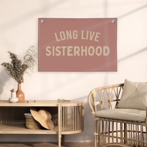 Image of Girl Room Decor Long Live Sisterhood Linen Banner Hanging Flag Pink Banner for Nursery Playroom Wall Decor for Kids Bedroom Dorm Toddler Decorations Trendy Room Decor 30x20 In (Sisterhood)