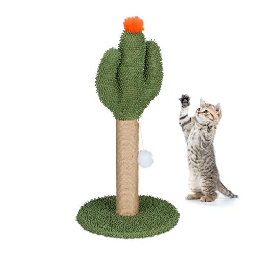 Relaxdays Kratzsäule für Katzen, Kaktus, HxD: 59x31 cm, Kratzstamm mit Bommel, Leinen-Seil, interaktiver Kratzbaum, bunt
