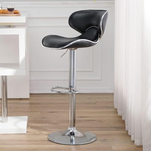 Image of Creative Black Bar Stool Chair | Adjustable Hydraulic Gas Lift | PU Leather Cushion Seat | Chrome Metal Base | Modern Kitchen Counter, Bar, Cafe, Home Furniture | Pack of 1