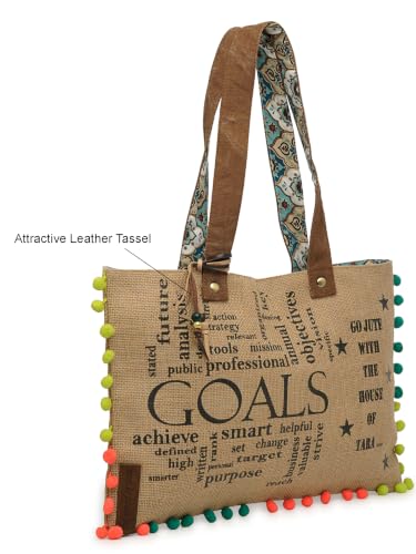 Image of The House of tara Jute Tote Handbag | Brown Beige Printed Shoulder Bag | Tassel Embellished | Magnetic Closure | Zipper Compartment | Casual Bag for College, Office & Daily Use | For Women