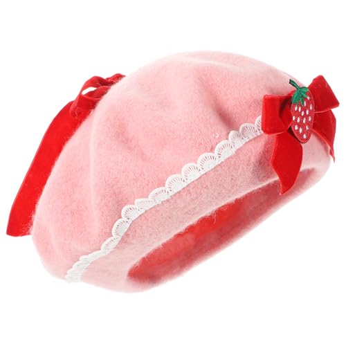BESTYASH Strawberry Beret Hat for Women Cute Pink Strawberry Hat French Berets with Bowknot for Spring Outdoor Picnics Afternoon Tea Parties