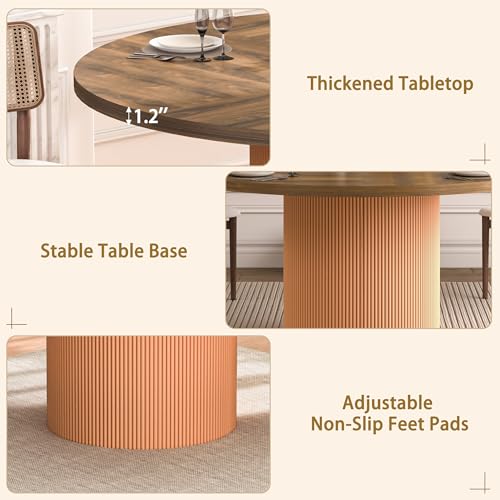 Image of 55 inch Round Dining Table for 4-6 People, Modern Farmhouse Dining Kitchen Table with Fluted Cylindrical Pedestal Base for Dining Room, Living Room, Kitchen, (Chairs Not Included)