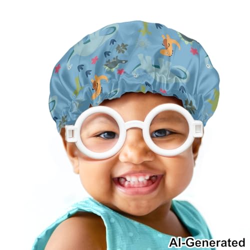 Image of Dinosaur Blue Print Kids Satin Sleep Cap, Elastic Adjustable Band Hat Night Sleeping Head Cover for Hair Stylish Satin Bonnet Breathable Beanie Hat for Girls Boys Toddler Baby