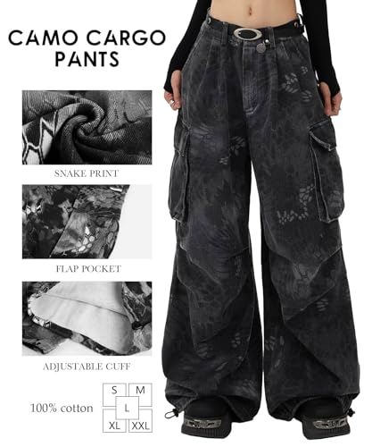 Women's Vintage Camo Snake Print Cargo Jeans Loose Fit Hip Hop Wide Leg Denim Streetwear Pants4