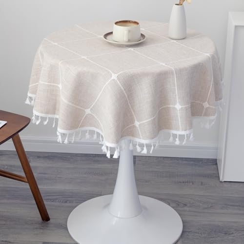 YZKITM Cotton Linen Small Round Tablecloth 36 Inch Boho Wrinkle Free Washable Plaid Table Cover with Tassels Brown Farmhouse Rustic Heavy Weight Table Cloths for Party Dining Room Wedding by YZKITM - Used condition - US$12.92