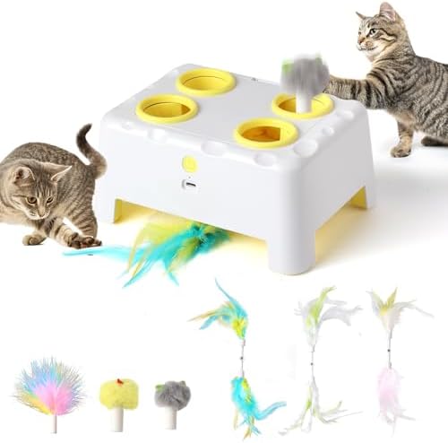 Interactive Cat Toys for Indoor Cats, 2-in-1 Cat Toys Interactive for Bored Indoor Adult Cats, Automatic Electronic Feather Cat Toy, 4 Holes Mole, Rotating Feather, USB Rechargeable