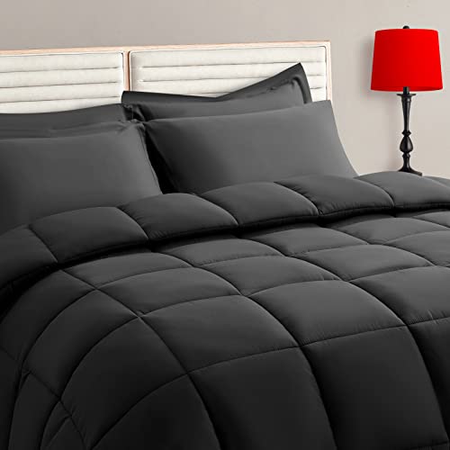 TAIMIT Full Size Comforter Set – 7 Pieces, Bed in a Bag Bedding Sets with All Season Soft Quilted Warm Fluffy Reversible Comforter,Flat Sheet,Fitted Sheet,2 Pillow Shams,2 Pillowcases,Dark Grey